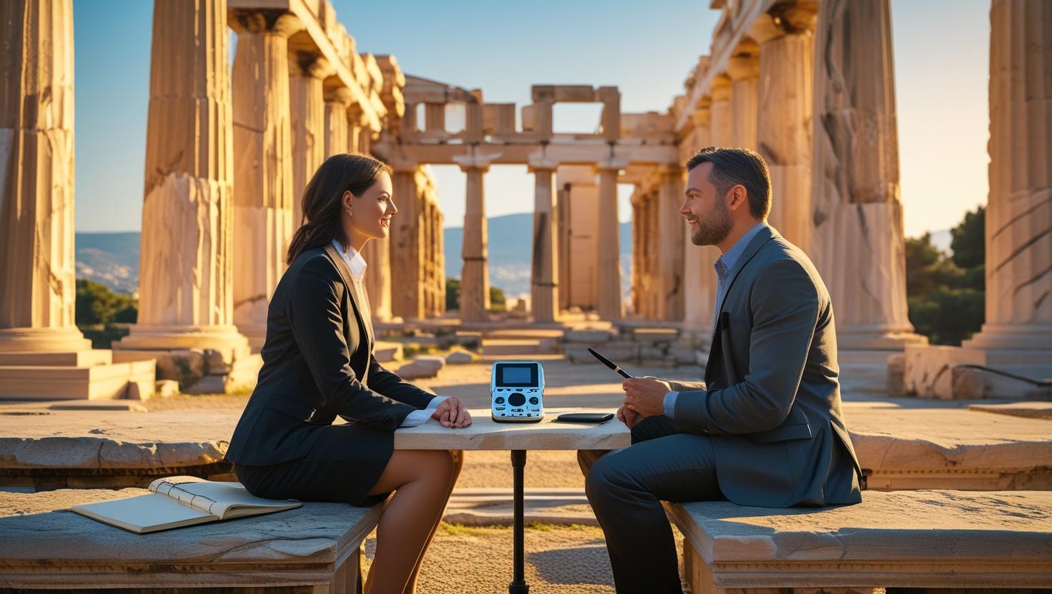 在廟宇前有兩個人正在訪談聊天 物品要有錄音設備和筆記本